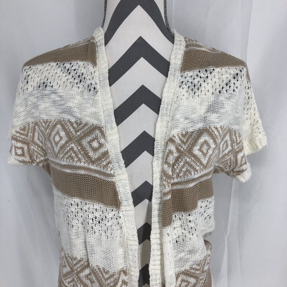 Cloud Chaser Beige Cardigan Open Front Short Sleeve Lightweight Sweater Medium
